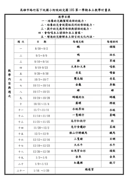 高雄市路竹區下坑國小附設幼兒園105第一學期本土教學計畫表