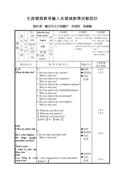 生涯發展教育融入各領域教學活動設計