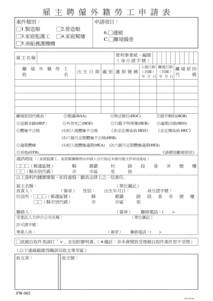 雇主聘僱外籍勞工申請表-案件類別：□1.製造類 □2.營造類