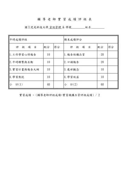 國立虎尾科技大學學生實習日誌(範本)-輔 導 老 師 實 習 成 績 評 核 表