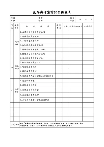 氬焊機作業前安全檢查表-使用單位作業場所檢查