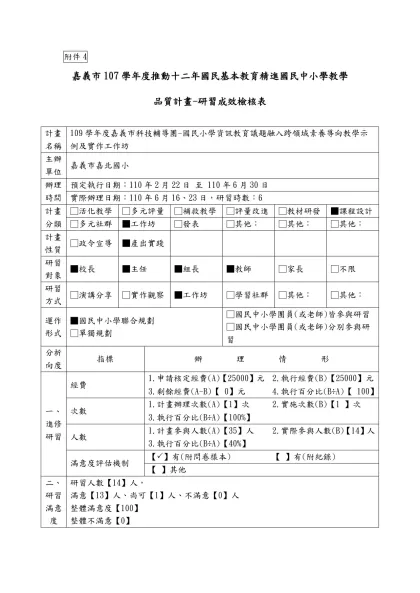 附件4：研習成效檢核表-附件4-嘉義市107學年度推動十二年國民基本教育精進國民中小學教學