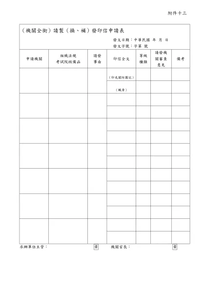 （機關全銜）請製（換、補）發印信申請表