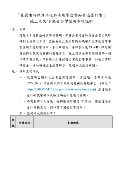 「受嚴重特殊傳染性肺炎影響企業融資協處計畫」 線上查詢/下載受影響證明步驟說明