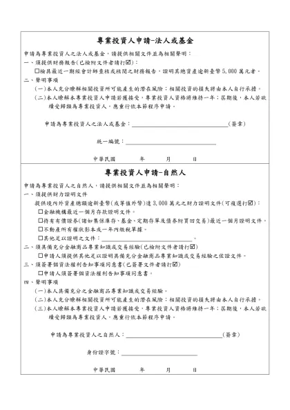 專業投資人申請-法人或基金-申請為專業投資人之法人或基金，請提供相關文件並為相關聲明：