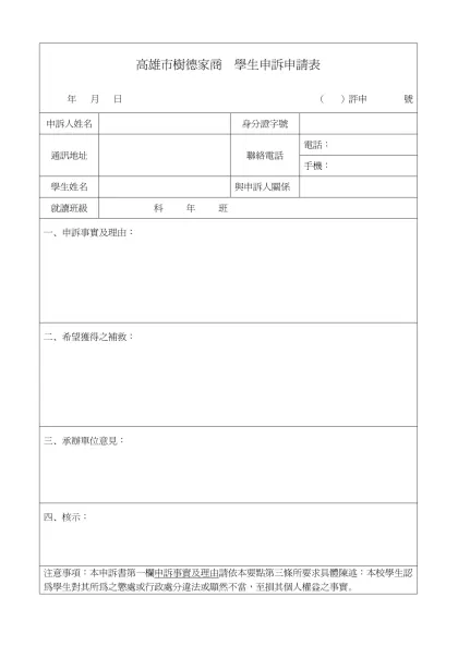 高雄市樹德家商 學生申訴申請表- 年 月 日 （ ）評申 號申訴人姓名