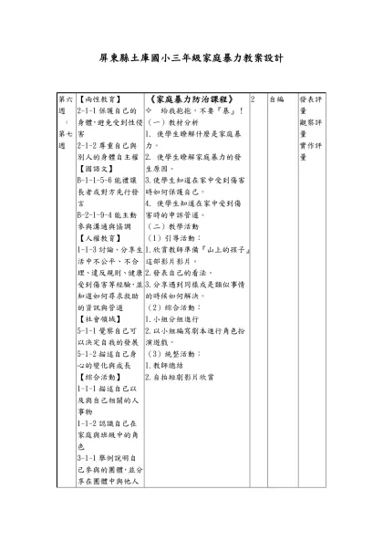 三年級家庭暴力教案設計-屏東縣土庫國小三年級家庭暴力教案設計