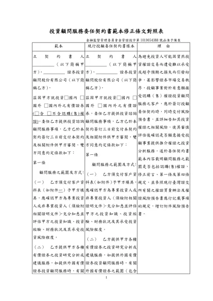 投資顧問服務委任契約書範本修正條文對照表