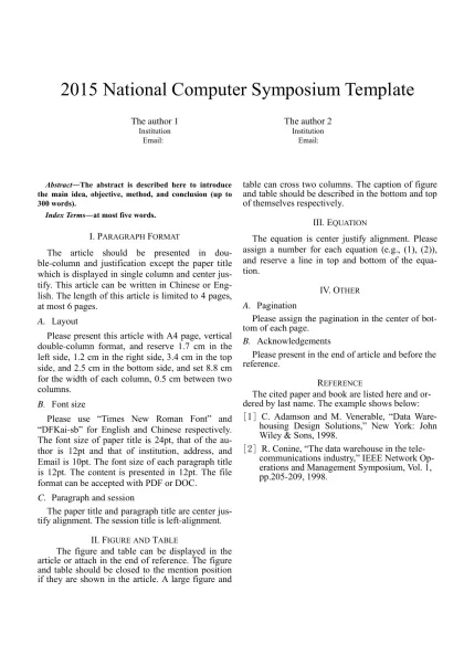 中華民國九十年全國計算機會議論文格式範例（中文）-2015 National Computer Symposium Template