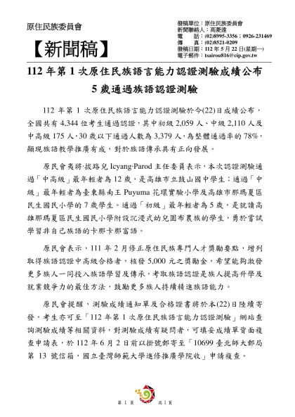 原住民族委員會-【新聞稿】 112年第1次原住民族語言能力認證測驗成績公布