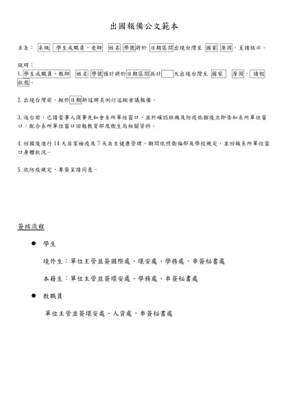 出國報備公文範本-主旨： 系級 學生或職員、老師 姓名 學號將於 日期區間出境台灣至 國家 原因，呈請核示。