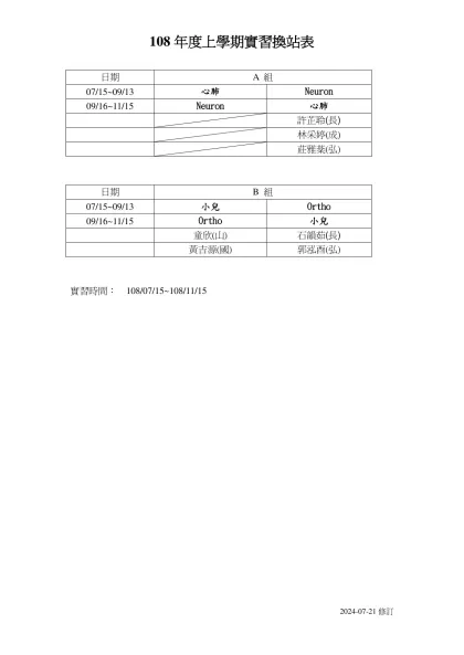 98年度下學期實習換站表-108年度上學期實習換站表