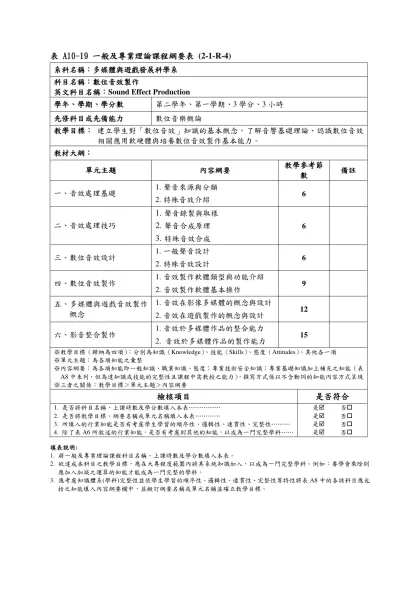 表 A10-19 一般及專業理論課程綱要表 (2-1-R-4)