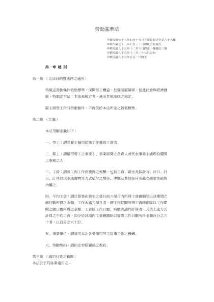 勞動基準法-中華民國七十三年七月十九日立法院制定全文八十六條 中華民國七十三年七月三十日總統公布施行 中華民國八十五年十二月六日修正一條增訂三條 中華民國八十五年十二月二十七日公布 中華民國八十七年五
