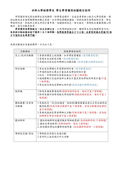 世新大學財務金融學系專業核心能力學習履歷認證自評表-世新大學經濟學系 學生學習護照相關規定說明