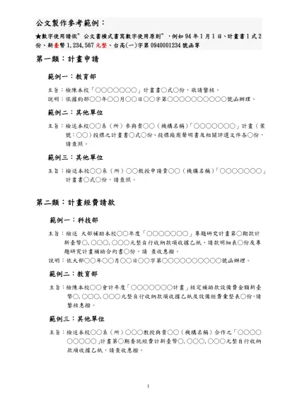 範例一-公文製作參考範例：-★數字使用請依”公文書橫式書寫數字使用原則”，例如94年1月1日、計畫書1式2份、新臺幣1,234,567元整、台高(一)字第0940001234號函等