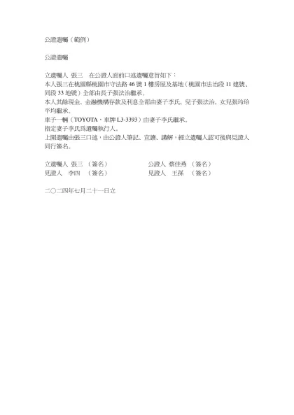 公證遺囑（範例）-公證遺囑立遺囑人 張三 在公證人面前口述遺囑意旨如下：