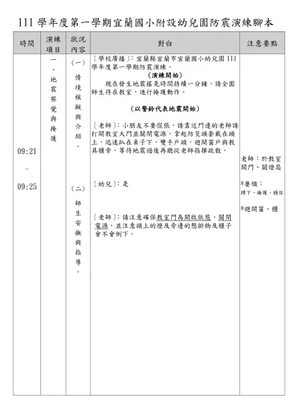 111學年度第一學期宜蘭國小附設幼兒園防震演練腳本