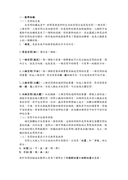 一、數學結構-（一）空間的定義在空間的構成當中，科學家將我們所生活的空間分成零度空間、一維空間、二維空間、三維空間以及四維空間。從愛因斯坦發表相對論開始，人類對宇宙萬物中的各種現象有了一個新的認識，得