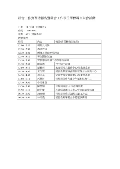 社會工作實習總報告暨社會工作學位學程導生聚會活動