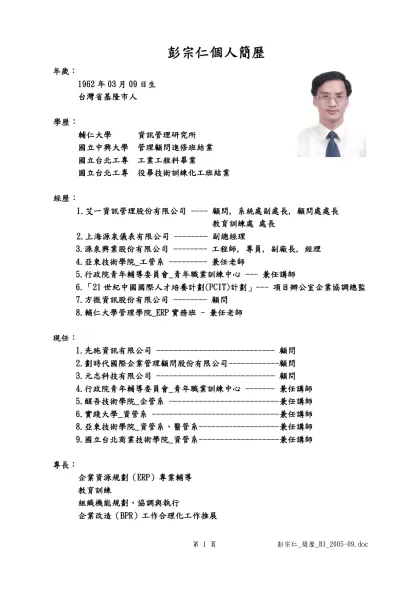 彭宗仁個人簡歷-年歲：1962年03月09日生台灣省基隆市人
