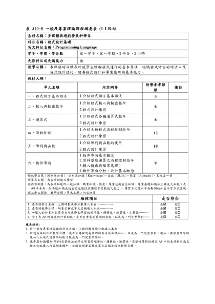 表 A10-1 一般及專業理論課程綱要表 (1-1-R-1)