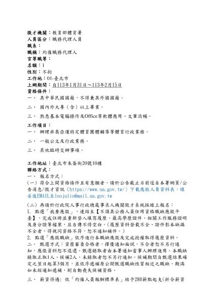 徵才機關：教育部體育署-人員區分：職務代理人員