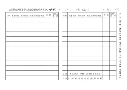 桃園縣青溪國小學生社會服務紀綠表【中、高年級】 （ ）年（ ）班 姓名：（ ） 第（ ）頁