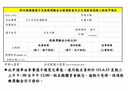 新竹縣績優選手及教練獎勵金全國運動會及全民運動會教練三級制申請表
