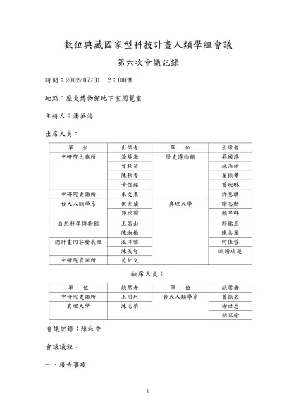 數位典藏國家型科技計畫人類學組會議