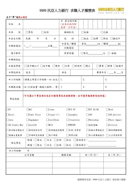 9999汎亞人力銀行 求職人才履歷表