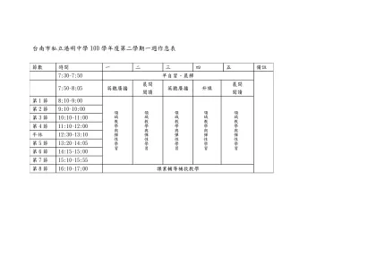 一週作息表(範例)-台南市私立港明中學100學年度第二學期一週作息表