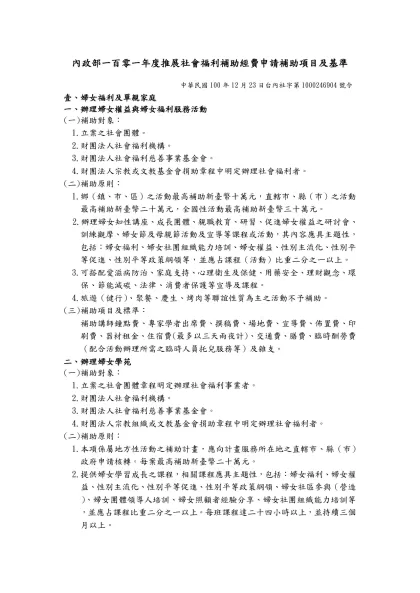內政部一百零一年度推展社會福利補助經費申請補助項目及基準