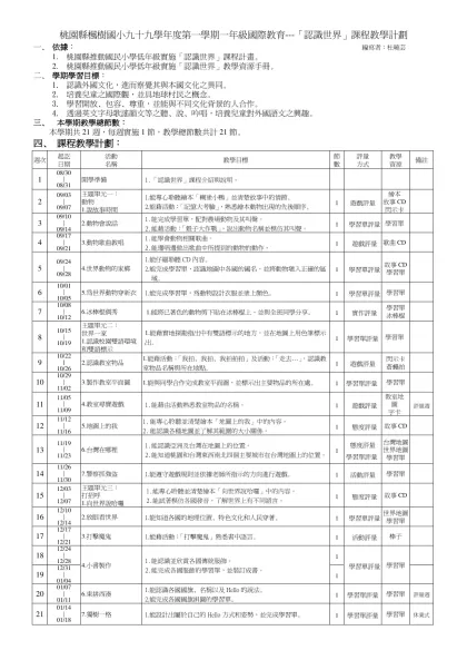 桃園縣楓樹國小九十四學年度第一學期一年級國際教育---「認識世界」課程教學計劃