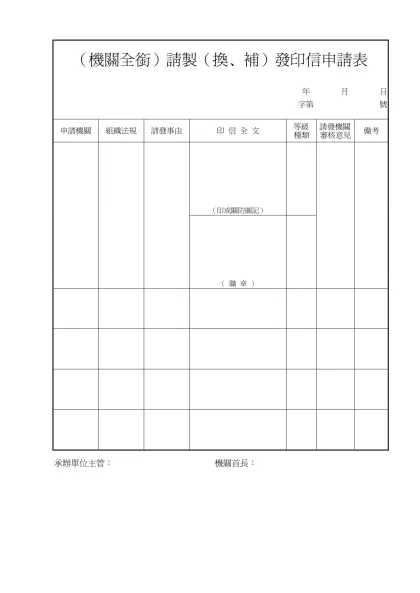 （機關全銜）請製（換、補）發印信申請表