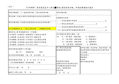附件1 ____年辦理「教育優先區中小學生營隊活動」申請經費補助計畫表-112年辦理「教育優先區中小學生▓寒假□暑假營隊活動」申請經費補助計畫表