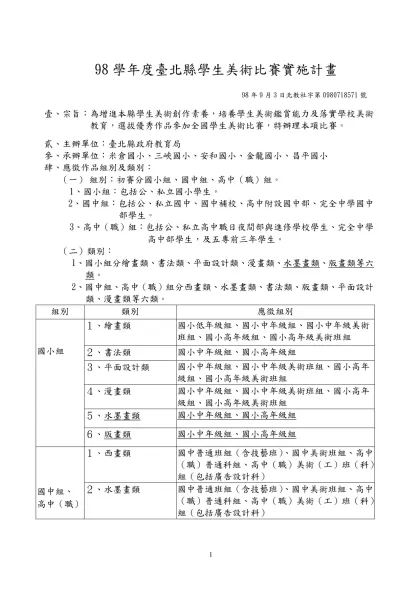 94學年度全國學生美術比賽實施要點-98學年度臺北縣學生美術比賽實施計畫