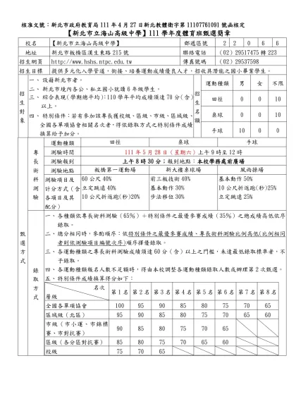 111學年度國中體育班甄選簡章-海山高中國中部-核准文號：新北市政府教育局111年4月27日新北教體衛字第11107761091號函核定