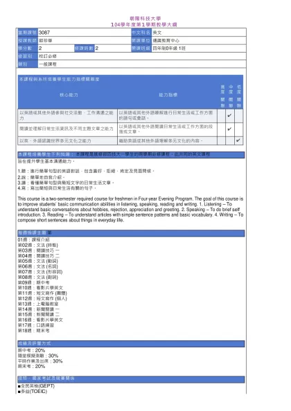 教學大綱_104_1_3087 英文-朝陽科技大學