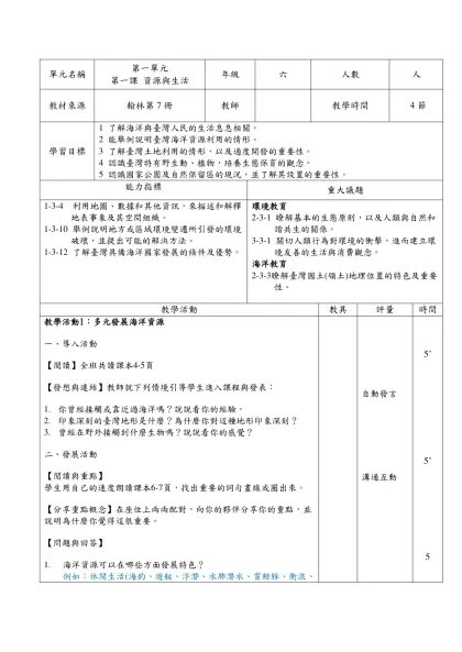 範本檔-單元名稱-單元名稱第一單元第一課 資源與生活