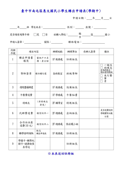 臺中市惠文國民小學生轉出本校申請流程表-臺中市南屯區惠文國民小學生轉出申請表(學期中)
