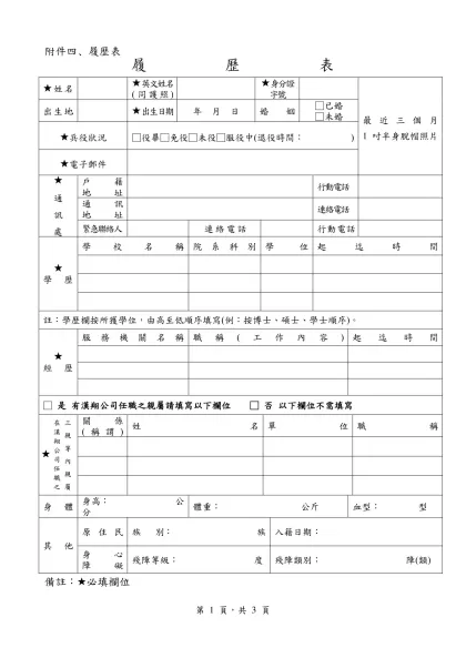 附件四、履歷表-履 歷 表★姓名★英文姓名(同護照)