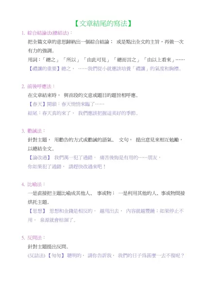 【文章結尾的寫法】-1. 綜合結論法(總結法)：把全篇文章的意思歸納出一個綜合結論； 或是點出全文的主旨，再做一次有力的強調。