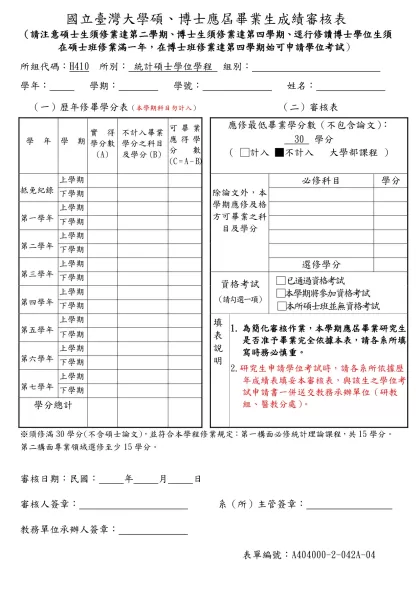 國立臺灣大學研究所屆畢業研究生成績審核表