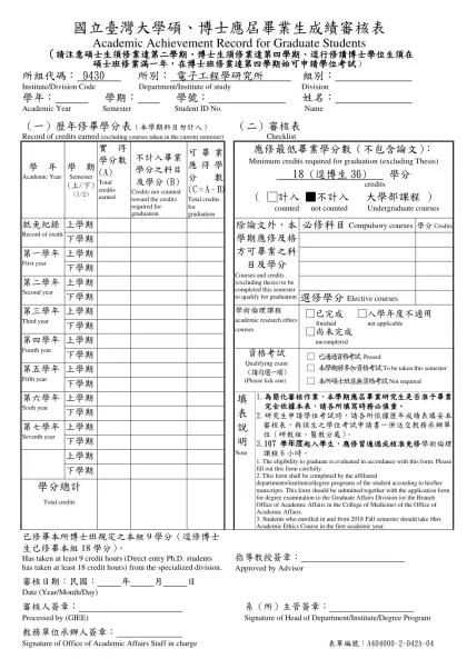 國立臺灣大學研究所屆畢業研究生成績審核表