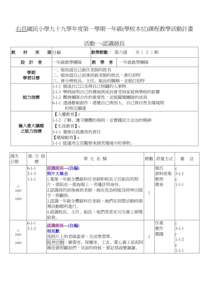 右昌國民小學九十七學年度第一學期一年級(學校本位)課程教學活動計畫-校園巡禮