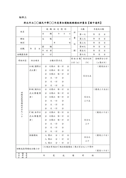 附件一-附件三-新北市立○○國民中學○○年度專任運動教練績效評量表【國中適用】
