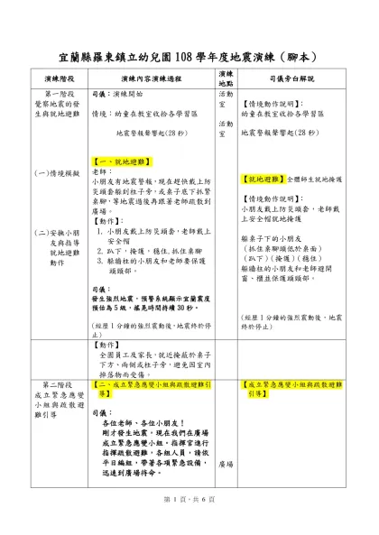 台北市私立雙連幼兒園地震演練腳本-宜蘭縣羅東鎮立幼兒園108學年度地震演練（腳本）