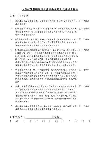 計畫執行重要規定自我檢核表範例（草案）-大學校院教師執行計畫重要規定自我檢核表範例