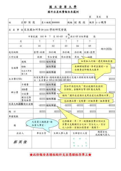 附表-國 立 清 華 大 學-國外出差旅費報告表範例